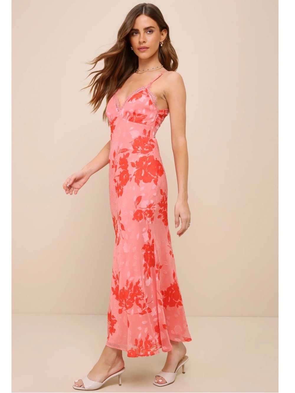Lulus Caught Your Interest Pink Floral Burnout Lace Cutout Maxi Dress NWT XL